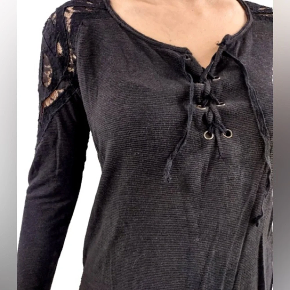 Free People‎ Jennie Lace Up Sheer Lace Shoulder Long Sleeve Top Black XS